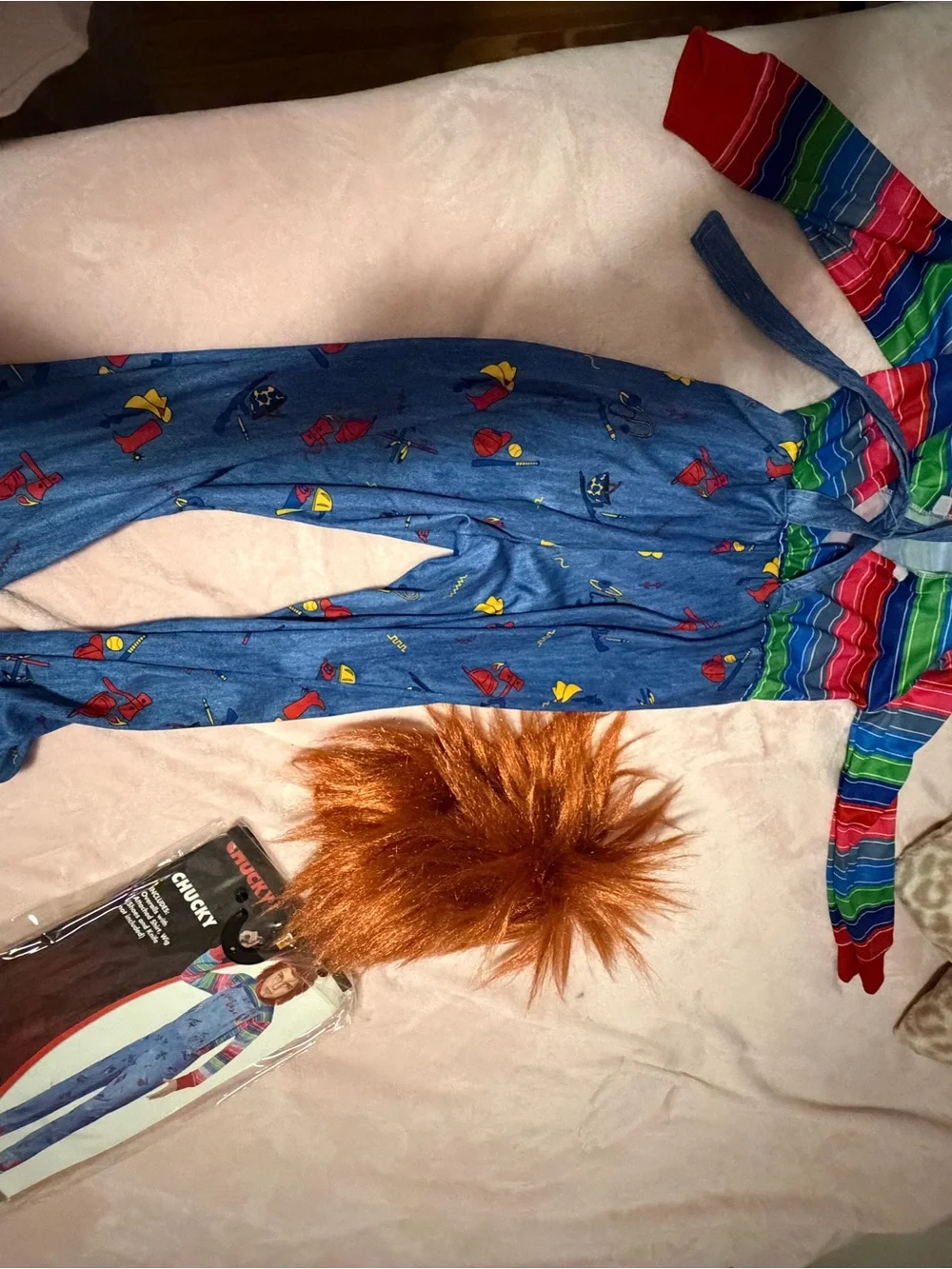 Spirit Kids Chucky Costume Blue Red Multi-Color Overalls with Wig - Picture 2 of 5